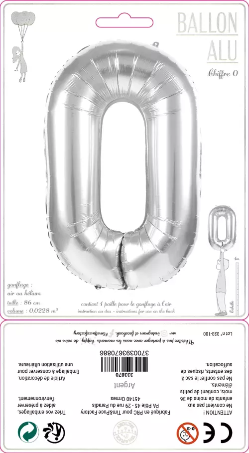 BALLON MYLAR CHIFFRE 0 ARGENT 86CM – Image 2