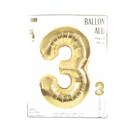 BALLON MYLAR CHIFFRE 3 OR 86CM – Image 3
