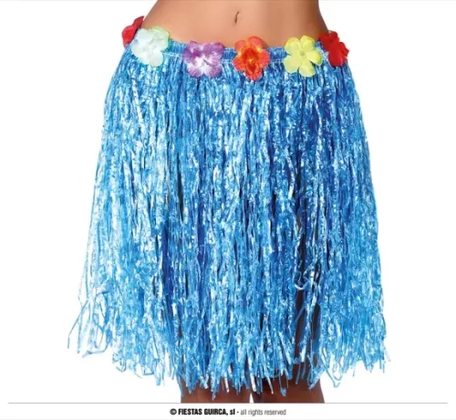JUPE HAWAIENNE FLEURS 55 CMS  BLEUE
