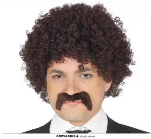 PERRUQUE BOUCLES AVEC MOUSTACHE, MARRON (BOÎTE)