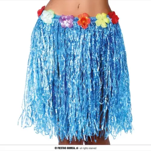 JUPE HAWAIENNE FLEURS 55 CMS  BLEUE