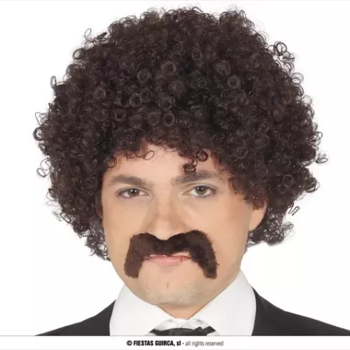 PERRUQUE BOUCLES AVEC MOUSTACHE, MARRON (BOÎTE)