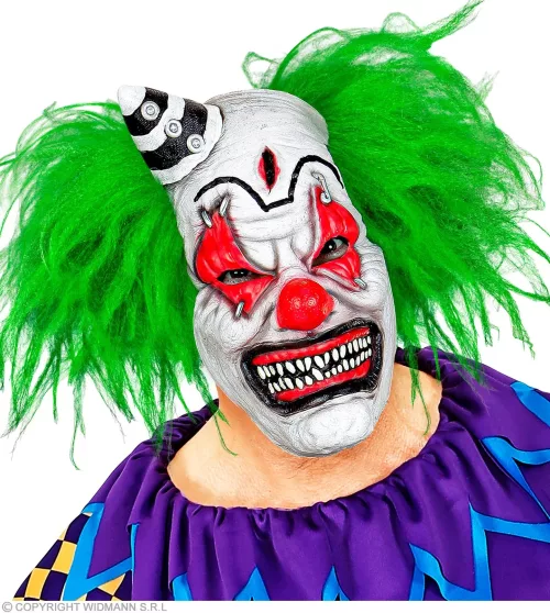 DEMI-MASQUE DE CLOWN TUEUR AVEC CHEVEUX ET MINI CHAPEAU