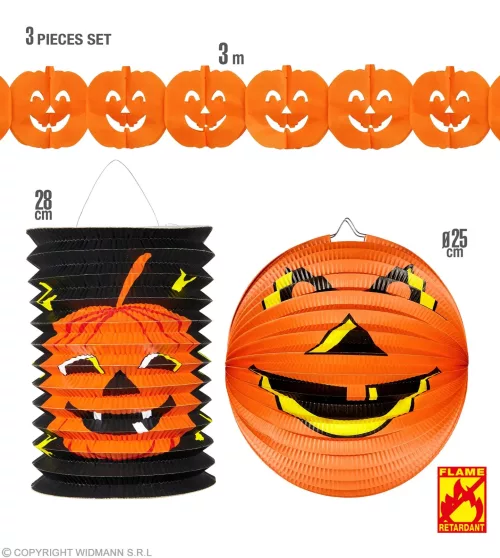 set de GUIRLANDE CITROUILLE 3 m, GLOBE 25 cm ET LANTERNE 16 cm - h 28 cm ignifugé
