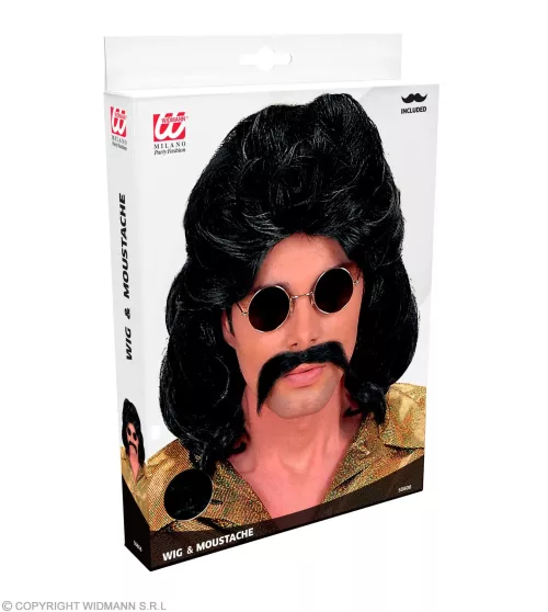 PERRUQUE ET MOUSTACHE HOMME DES ANNEES 70 noire - en boite – Image 2