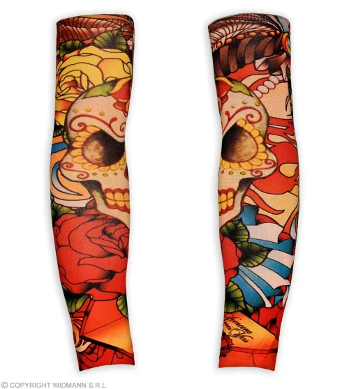 paire de MANCHES TATOUEES CRANES ET ROSES aspect naturel